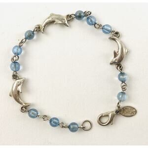 COOL JEWELS Dolphin Bracelet Silver Tone blue beaded 6.8” Rare Ocean Dainty 80s